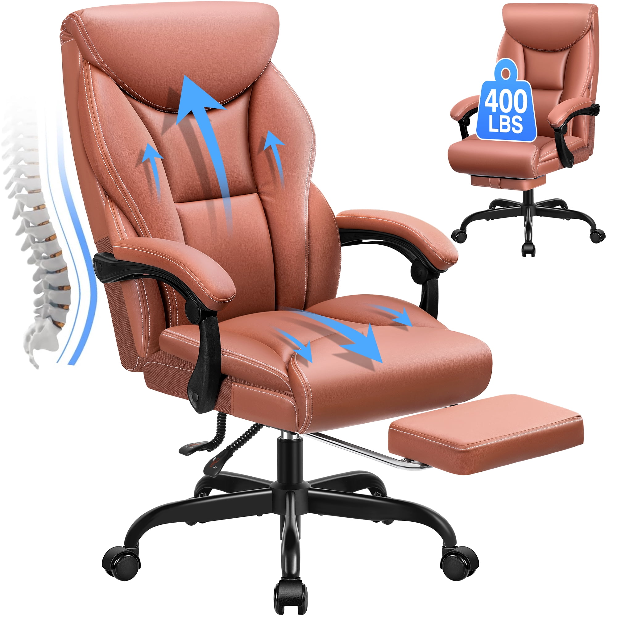 ATHOPE Leather Office Chair 400Lbs, Executive Office Chair with Footrest High Back Support, Big and Tall Ergonomic Desk Chair, Adjustment Computer Chair 360°Swivel Free, Brown