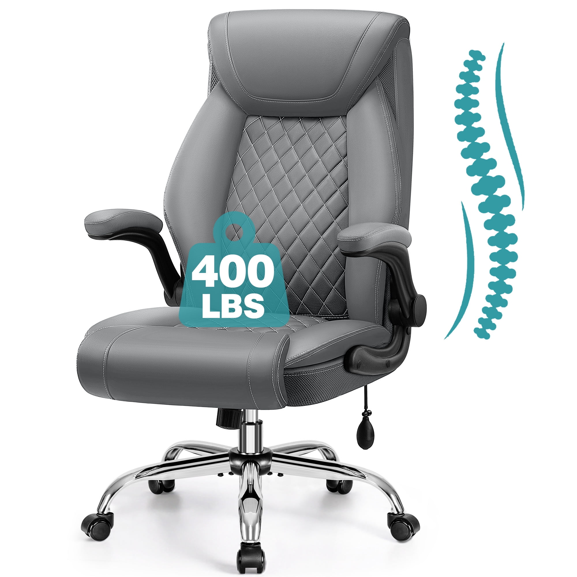 ATHOPE Leather Office Chair, Executive Desk Chairs with Flip-up Padded Armrests, Big and Tall Office Chair with Wheels, Ergonomic Computer Chair with Lumbar Support for Home Office, Gray