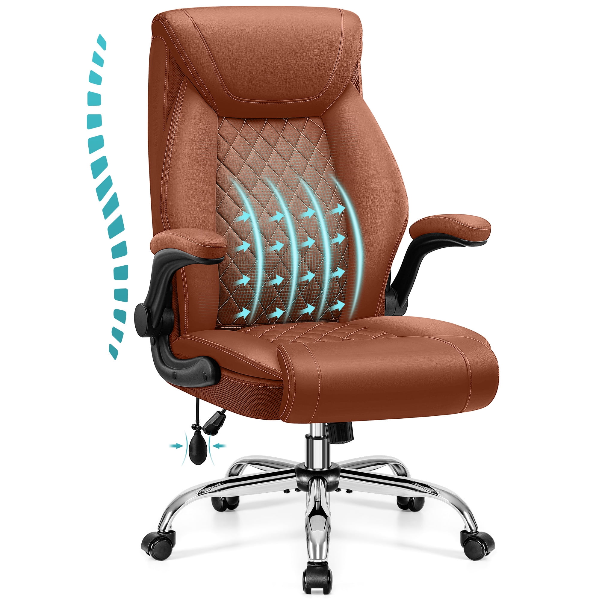 ATHOPE Leather Office Chair, Executive Desk Chairs with Flip-up Padded Armrests, Big and Tall Office Chair with Wheels, Ergonomic Computer Chair with Lumbar Support for Home Office, Brown