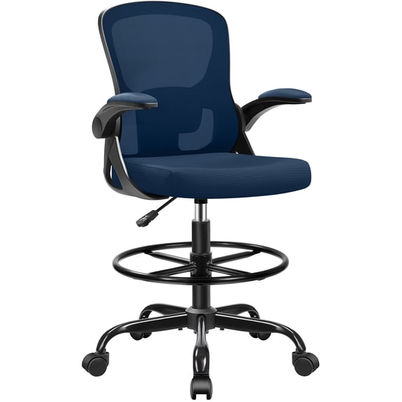 ATHOPE Office Chair Ergonomic Desk Chairs, Mesh Computer Chair with Flip-up Armrests, Adjustable Home Office Desk Chair with Lumbar Support Footrest Ring for Standing Desk, Navy Blue