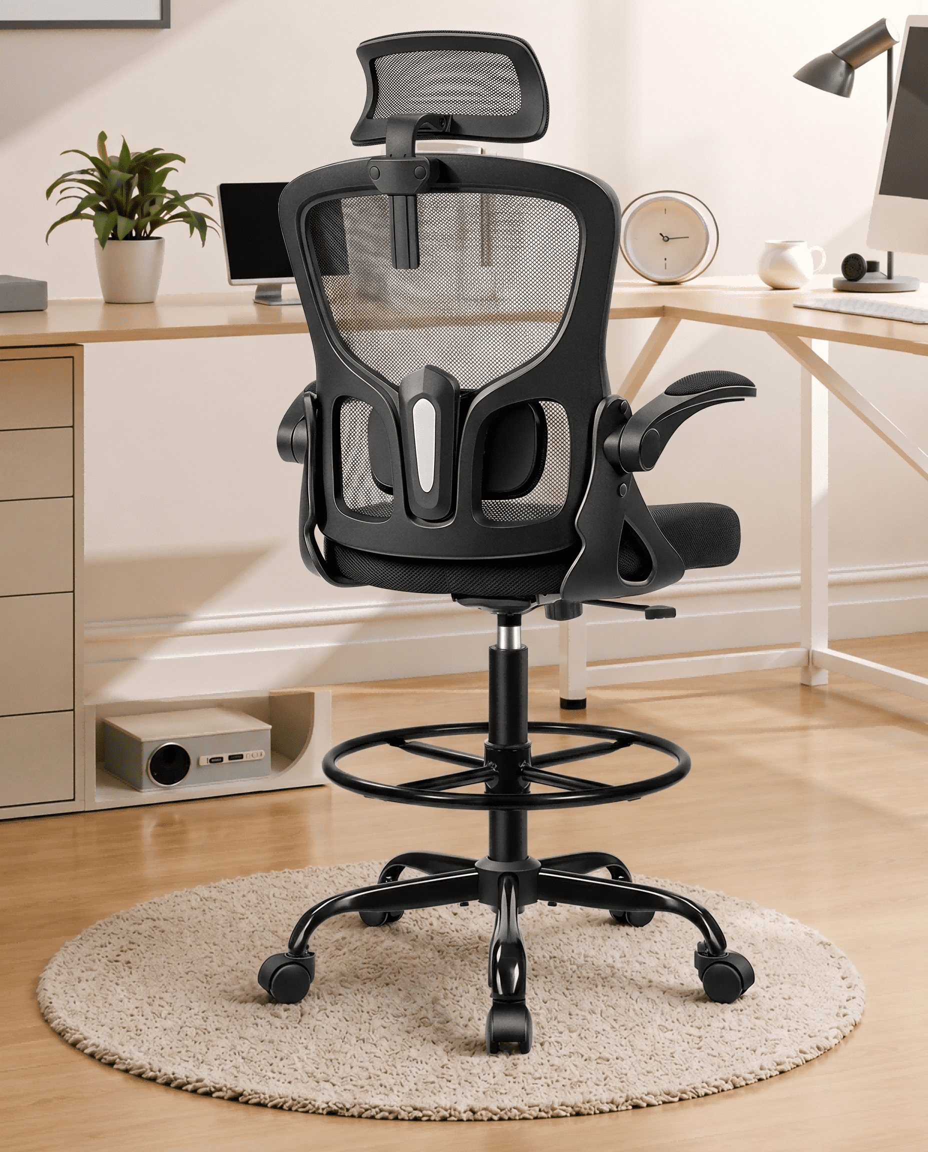 ATHOPE Office Chair Ergonomic Desk Chairs, Mesh Computer Chair with Headrest and Flip-up Arms, Adjustable Home Office Desk Chair with Lumbar Support Footrest Ring for Standing Desk, Black