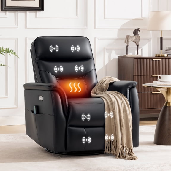 ATHOPE Power Recliner Chair with Massage & Heating, Swivel Glider Rocking Chair with USB Charging Port Side Pockets, Executive Living Room Chair for Adults, Black