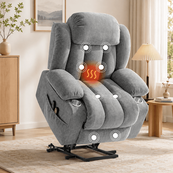 ATHOPE Power Lift Recliner Chair for Elderly with Vibration Massage & Lumbar Heating, Electric Oversized Single Sofa with Cup Holders & Side Pockets for Living Room, Gray