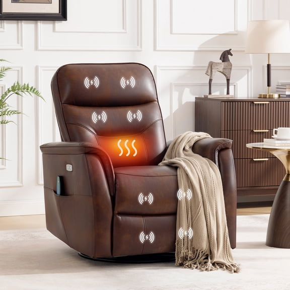 ATHOPE Power Recliner Chair for Adults with Massage & Heating, Swivel Glider Rocking Chair with USB Charging Port & Side Pockets, Executive Leather Living Room Chair, Brown