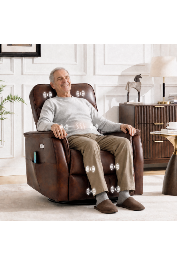 Power Recliner Chair for Adults with Massage & Heating, Swivel Glider Rocking Chair with USB Charging Port & Side Pockets, Executive Leather Living Room Chair, Brown