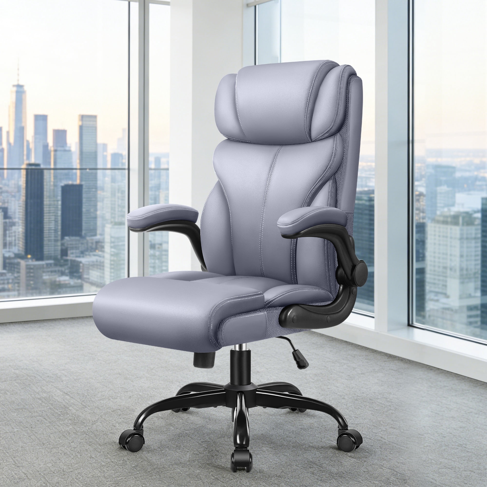 ATHOPE Leather Office Chair, Big and Tall Office Chair with Lumbar Support, High Back Executive Desk Chairs with Flip-up Armrest, Breathable PU Ergonomic Computer Chair, 360°Swivel Free, Gray