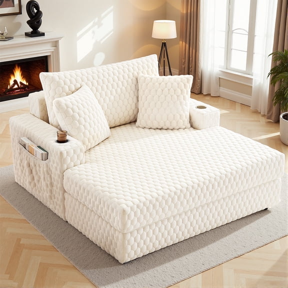 ATHOPE 53"W Oversized Chaise Lounge Chair Indoor, Corduroy Couch Chair with Pillows, Comfy Reading Chairs with Wide Arms, Upholstered Sleeper Sofa for Living Room, No Assembly Required, Beige