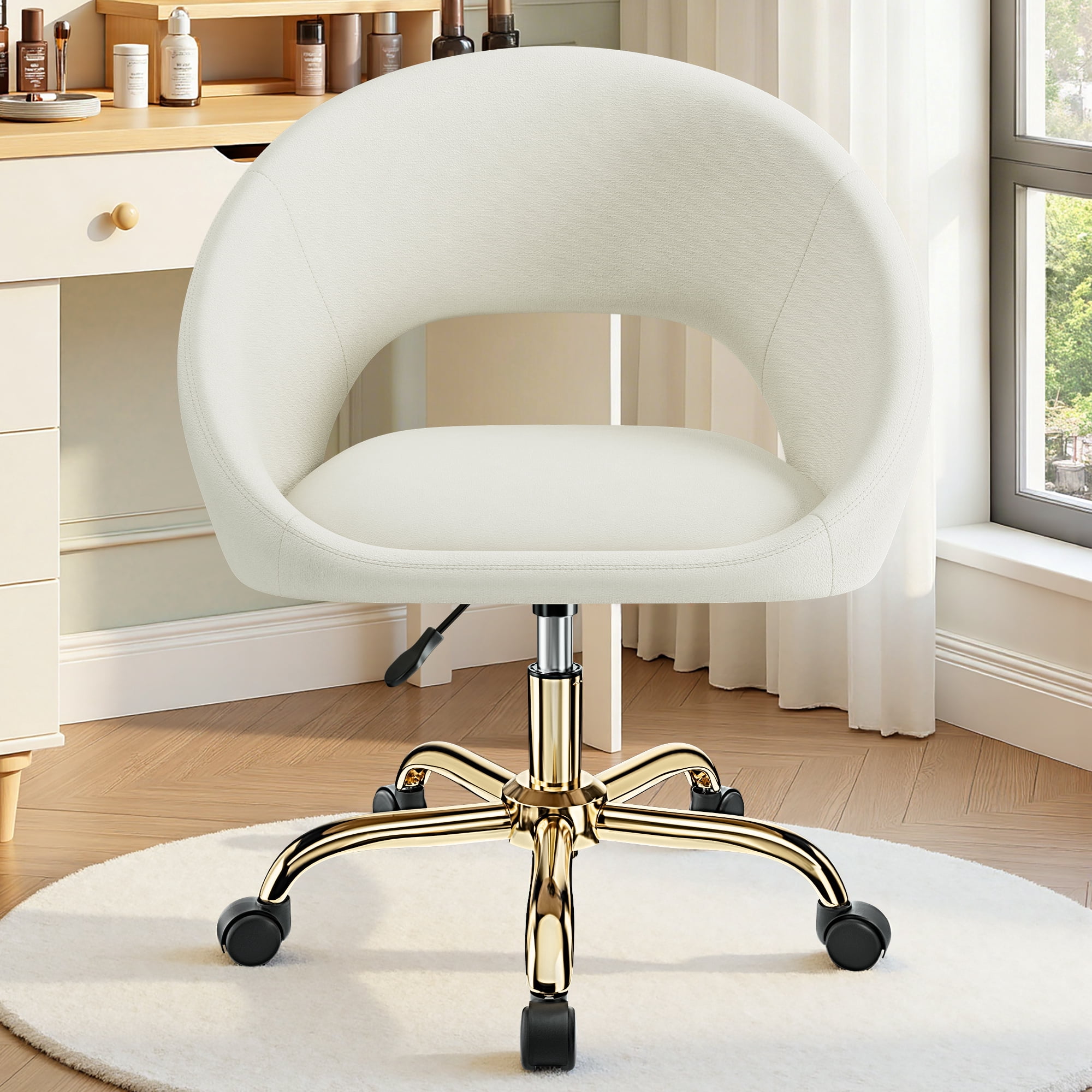 ATHOPE Vanity Chair, Fleece Office Chair with Gold Wheels, Comfy Home Office Desk Chair for Girls, Swivel Make Up Chair, Nail Tech Chair for Bedroom, Small Space, Beige