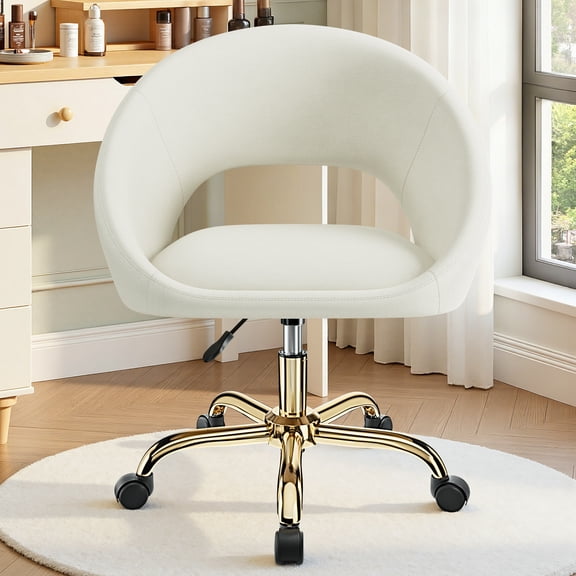 ATHOPE Vanity Chair, Fleece Office Chair with Gold Wheels, Comfy Home Office Desk Chair for Girls, Swivel Make Up Chair, Nail Tech Chair for Bedroom, Small Space, Beige