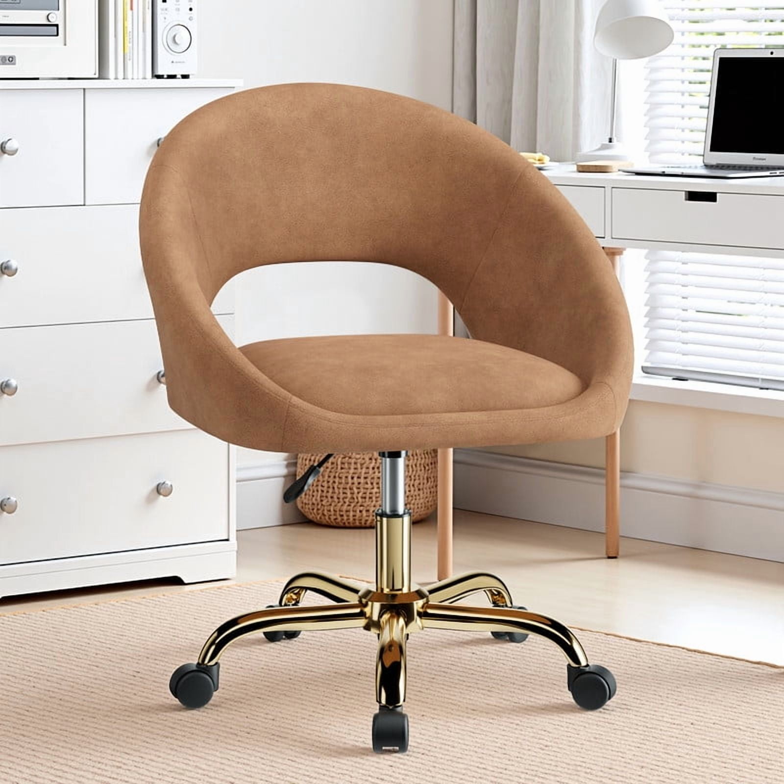 ATHOPE Vanity Chair, Fleece Office Chair with Gold Wheels, Comfy Home Office Desk Chair for Girls, Swivel Make Up Chair, Nail Tech Chair for Bedroom, Small Space, Brown