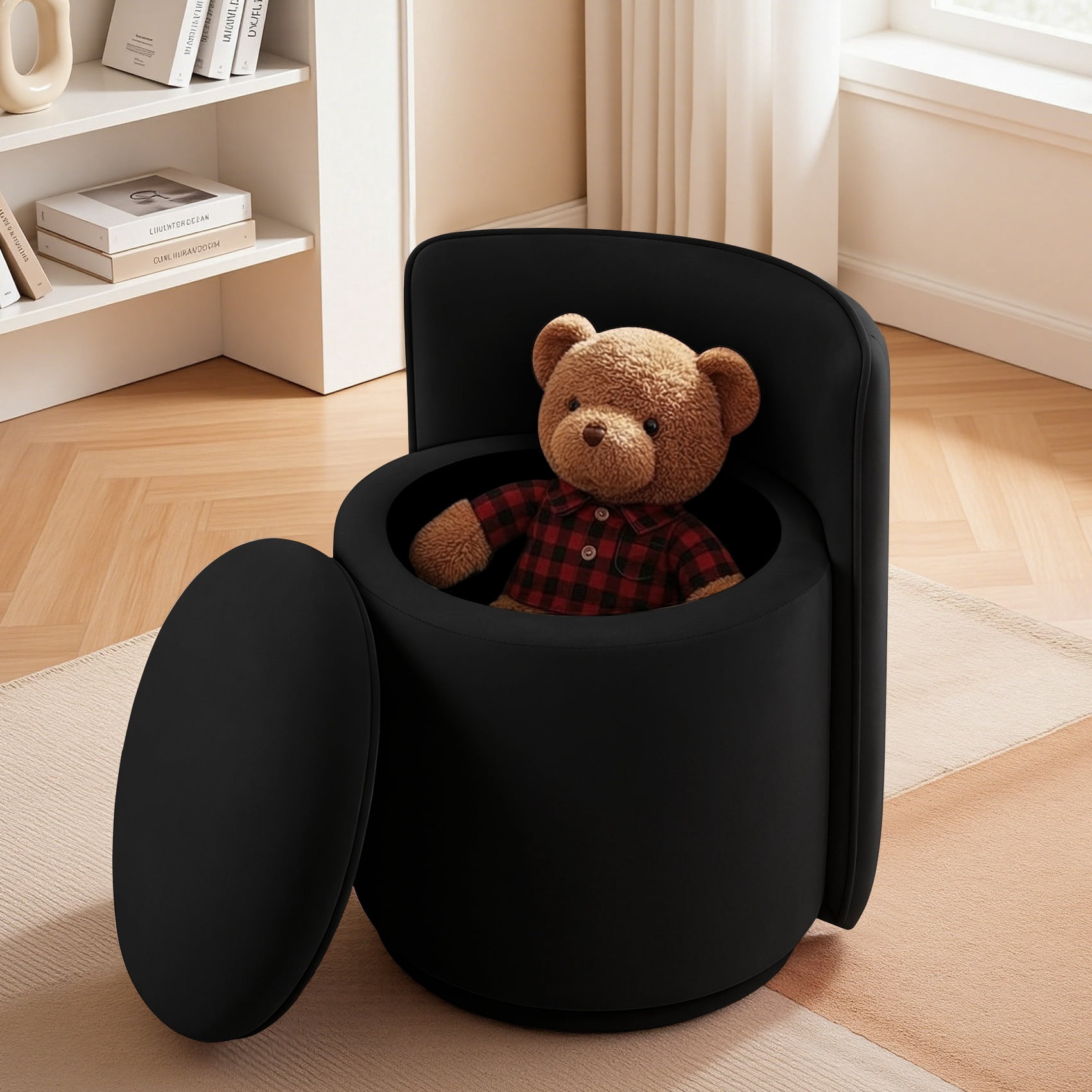 ATHOPE Vanity Chair with Storage, Velvet 360° Swivel Chair with Back, Modern Round Upholstered Bedroom Chair, Comfy Makeup Chair for Dressing, Living Room, No Assembly Required, Black