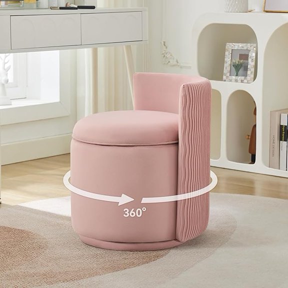 ATHOPE Vanity Chair with Storage, Velvet 360° Swivel Chair with Back, Modern Round Upholstered Bedroom Chair, Comfy Makeup Chair for Dressing, Living Room, No Assembly Required, Pink