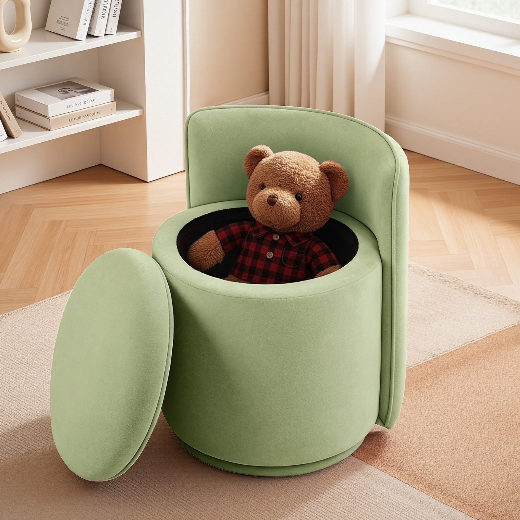 ATHOPE Vanity Chair with Storage, Velvet 360° Swivel Chair with Back, Modern Round Upholstered Bedroom Chair, Comfy Makeup Chair for Dressing, Living Room, No Assembly Required, Green