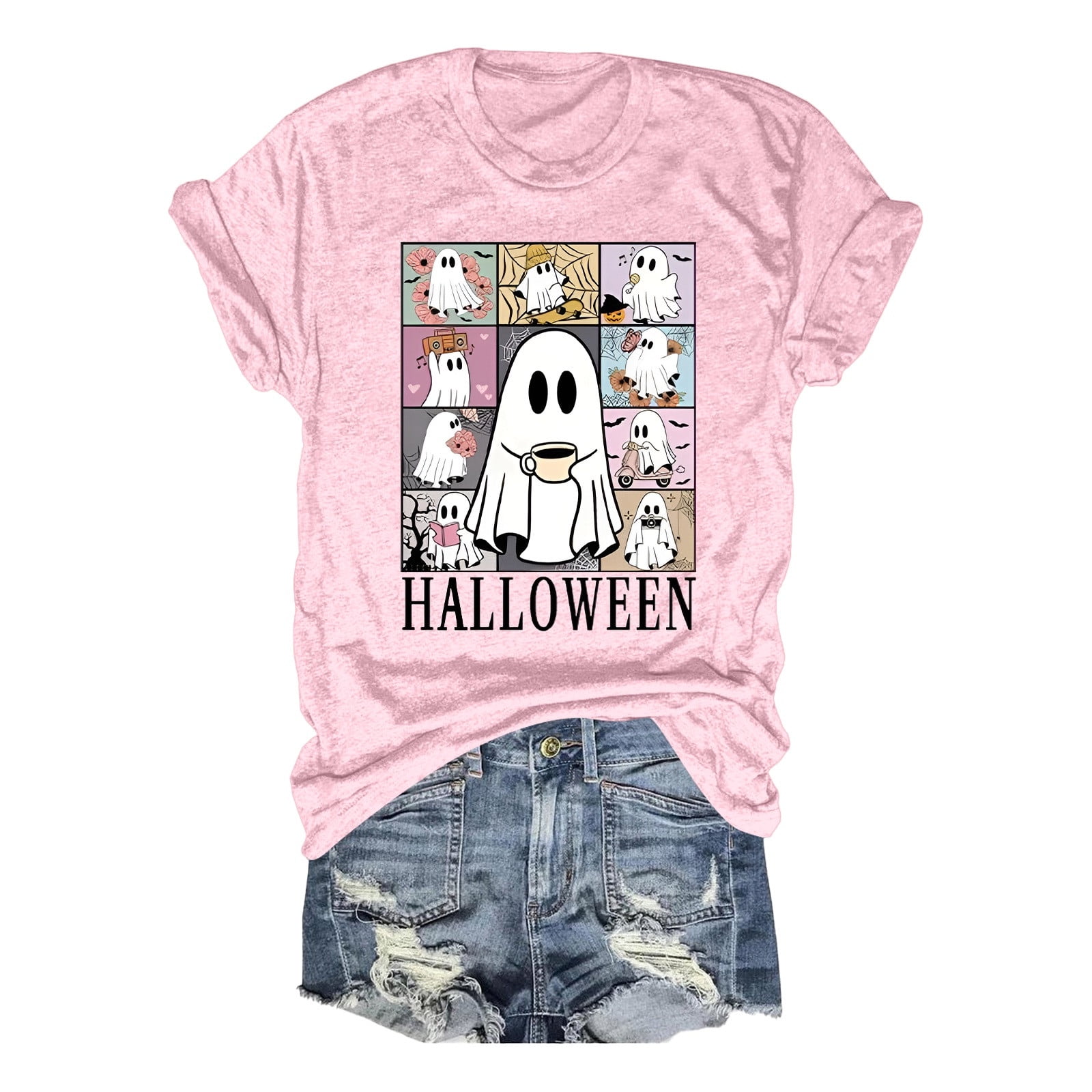 ATIENUBEE Graphic Tees for Women Funny Ghost Print Short Sleeve T