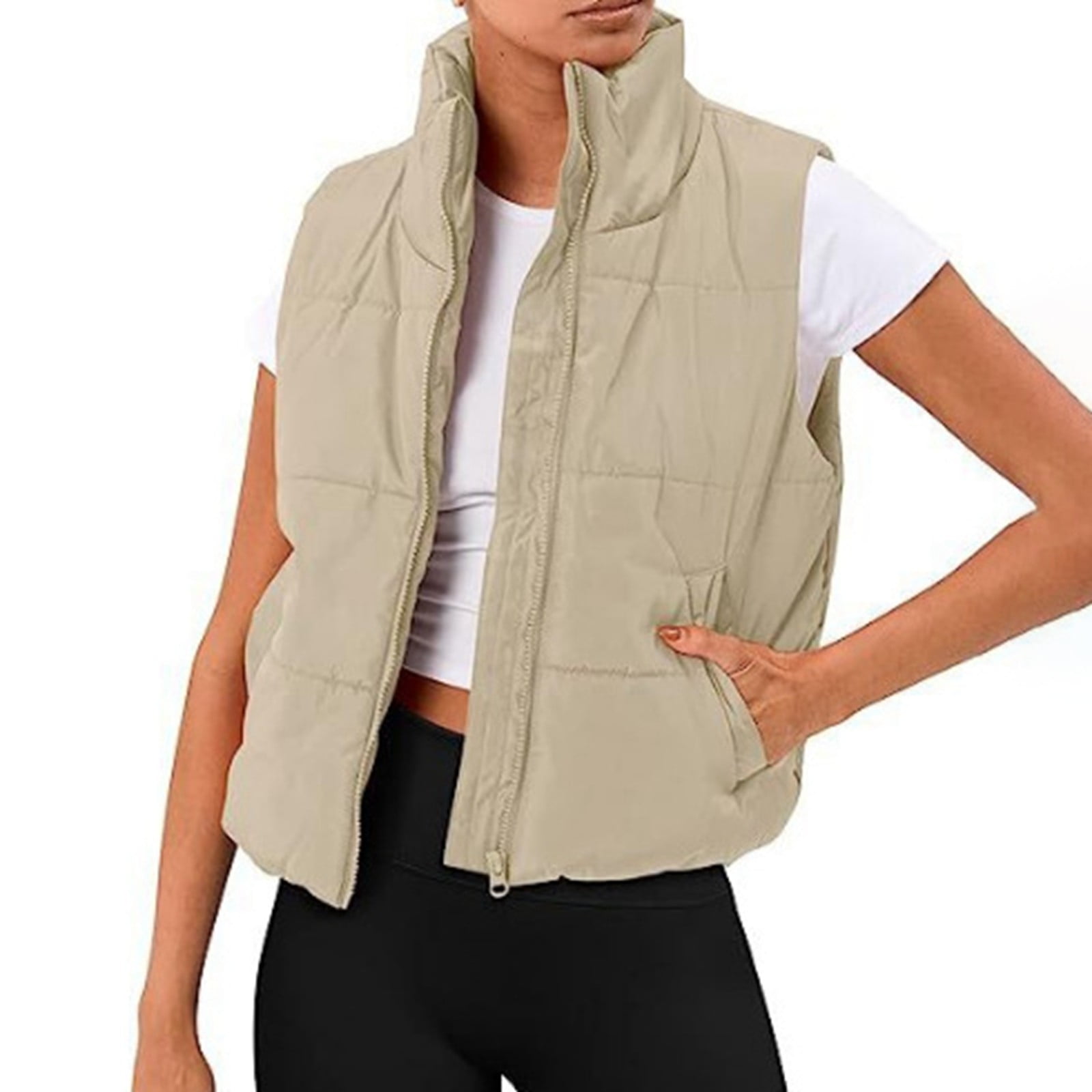 ATIENUBEE Padded Vest Women Casual Warm Solid Color Pocket Jacket Vests