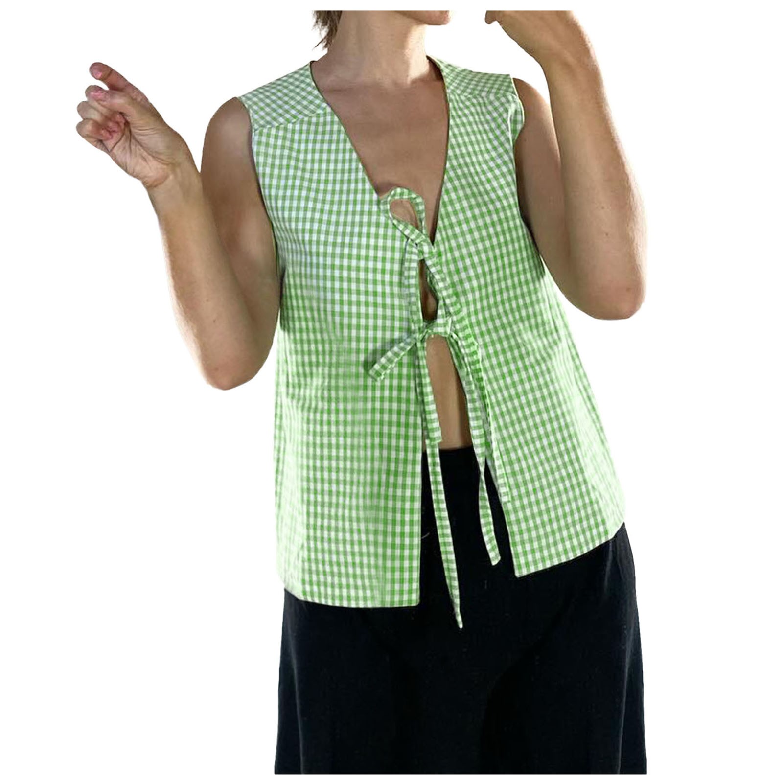 ATIENUBEE Plaid Vest Tops for Women Tank Top Cute Tie Up Front