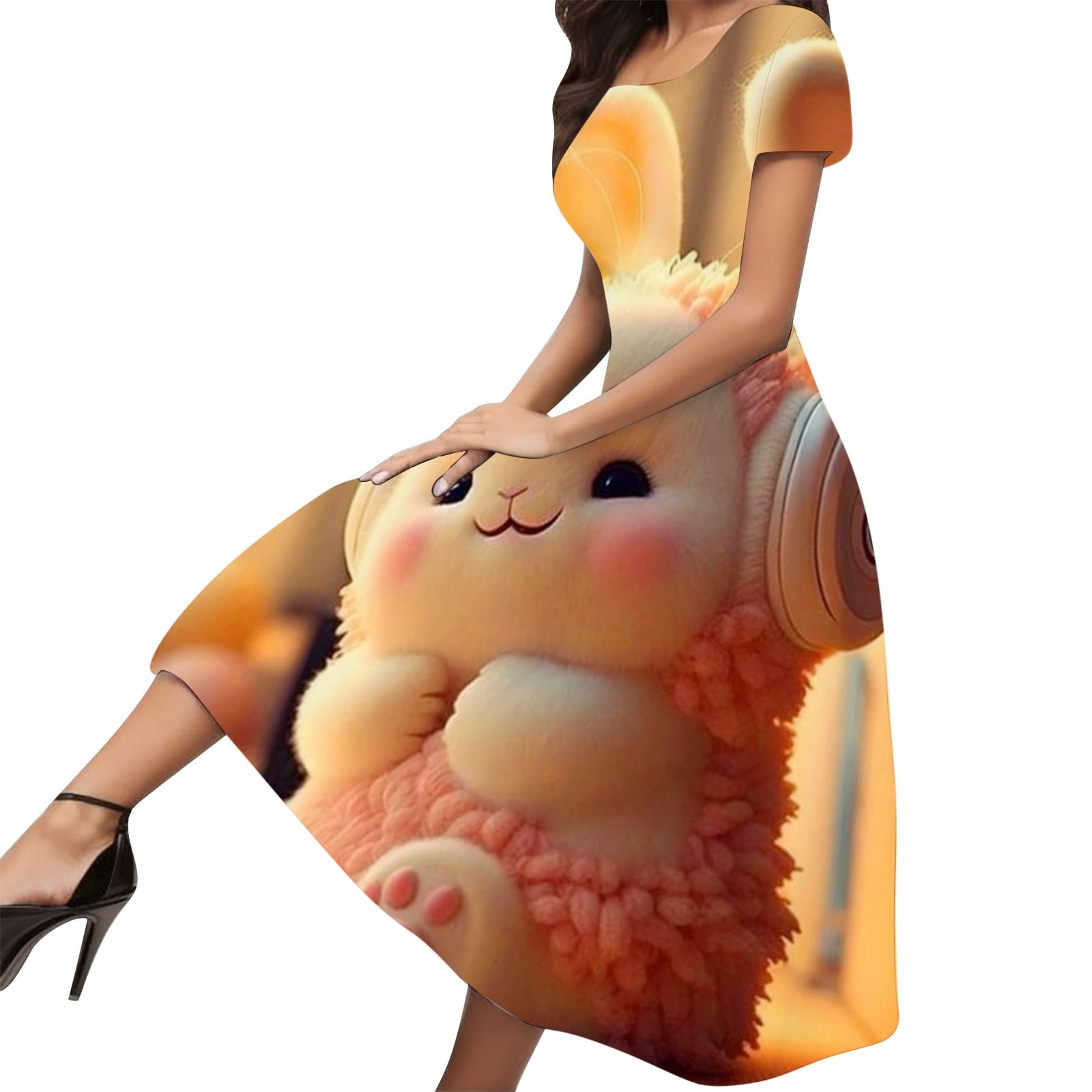 ATIENUBEE Short Sleeve Dresses for Women Easter Egg Rabbit Theme