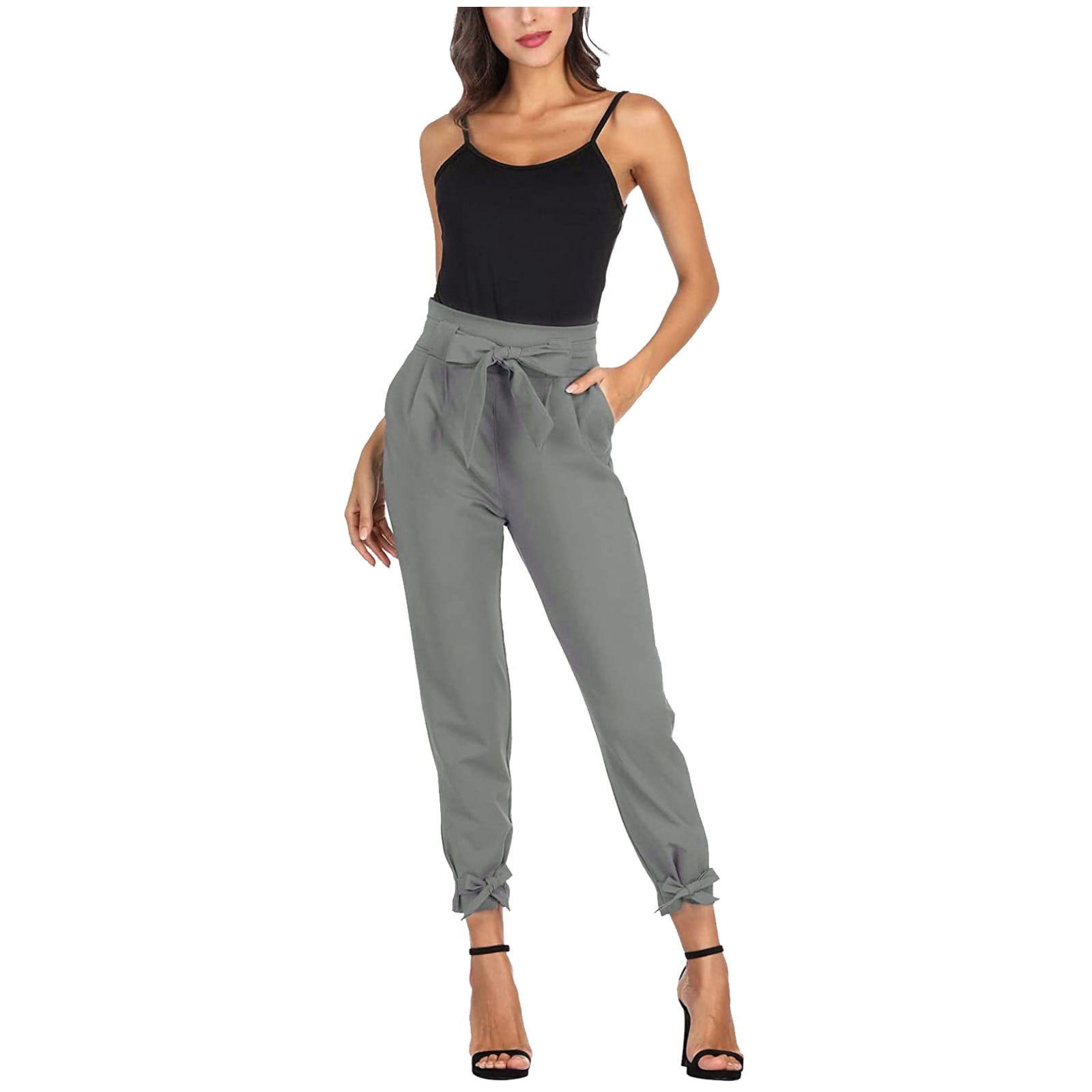 ATIENUBEE Women Casual Pants Waist With BowKnot Party Pencil Pocket