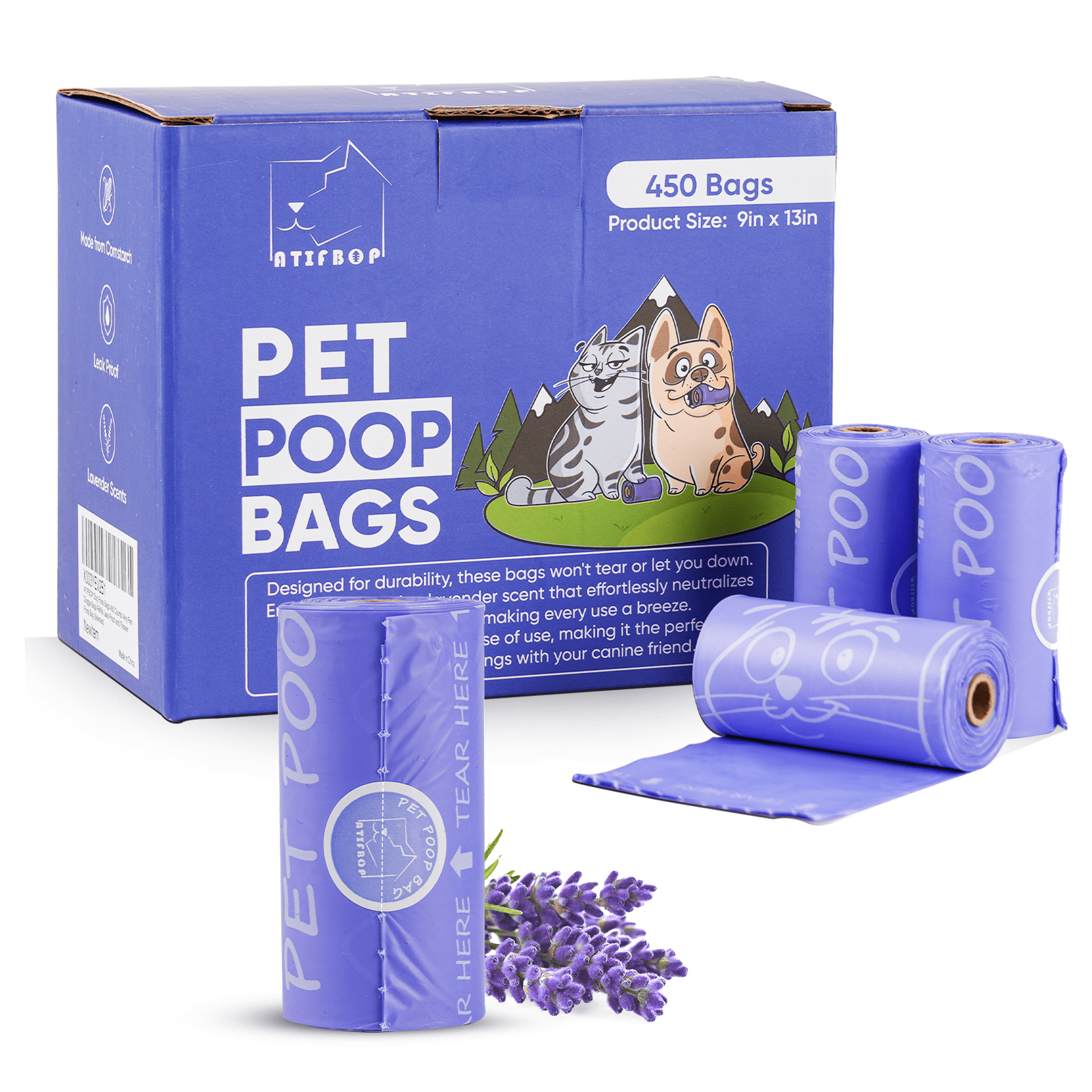 ATIFBOP Dog Poop Bag Lavender Scented 450 Count Doggie Bags Refills