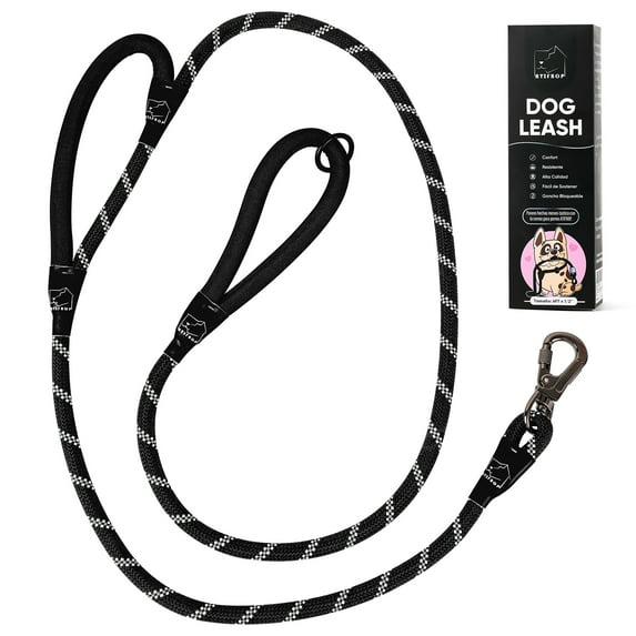 ATIFBOP Heavy Duty Dog Leash 6FT Double Handles, Lockable Metal Carabiner Clip,Durable Rope Dog Leashes with Highly Reflective (Black)