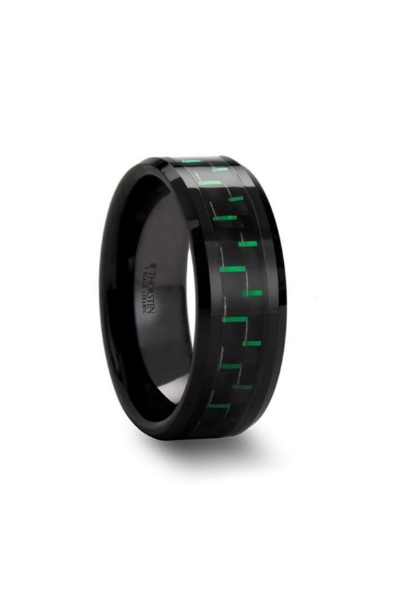 ATILUS Beveled Black Ceramic Wedding Band with Black & Green Carbon Fiber - 8mm