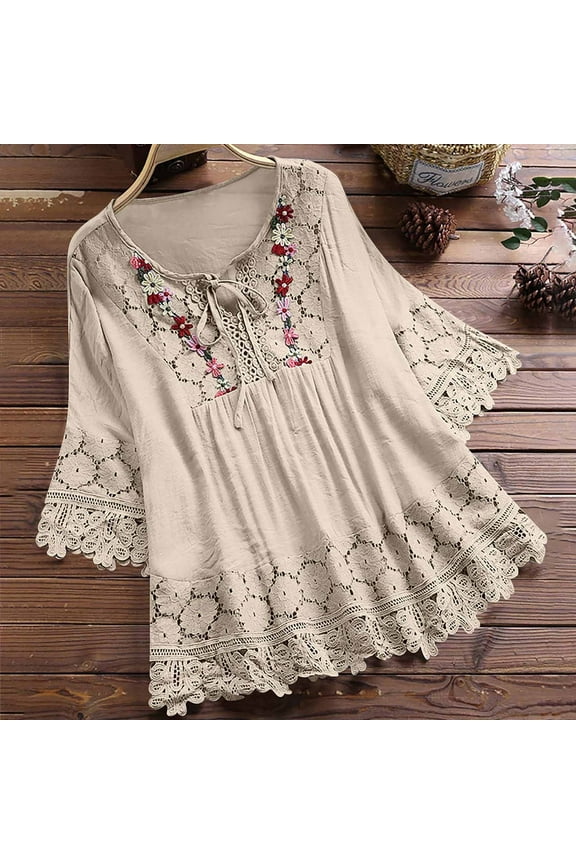 Fashion Women Summer Casual Tops V-Neck Bandage 3/4 Sleeve T-Shirts Blouse
