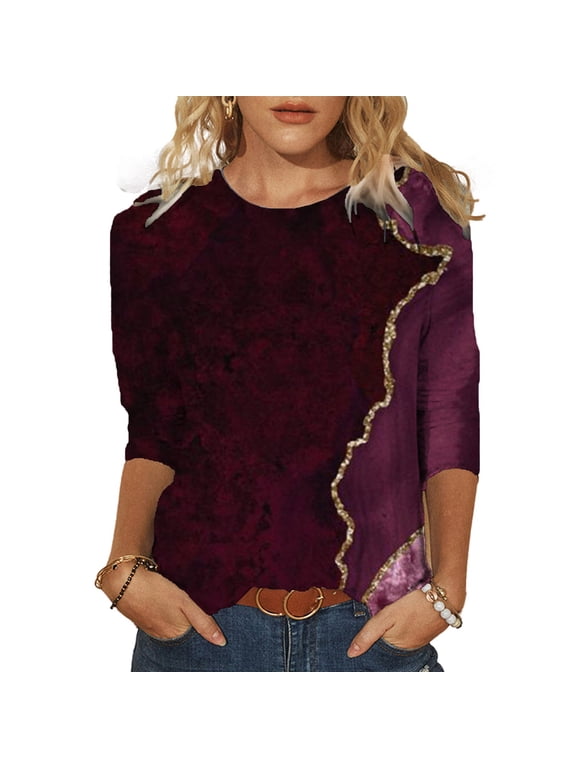 Fashion Women's Spring Printed Mid-length sleeves Crew-Neck Casual Tee Tops