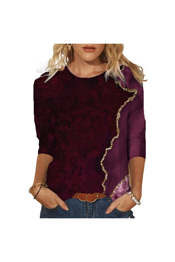 Fashion Women's Spring Printed Mid-length sleeves Crew-Neck Casual Tee Tops