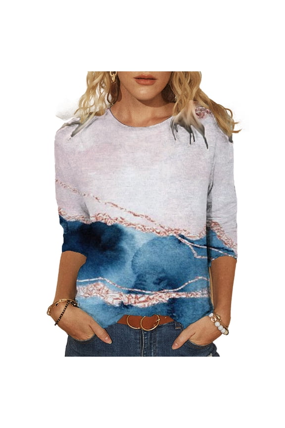 Fashion Women's Spring Printed Mid-length sleeves Crew-Neck Casual Tee Tops