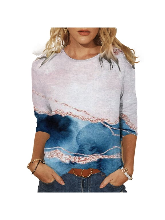 Fashion Women's Spring Printed Mid-length sleeves Crew-Neck Casual Tee Tops