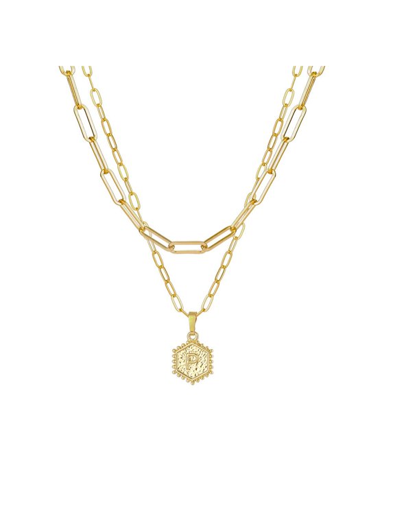 Gold Plated Chain Necklace For Women Hexagon Letter Pendant Layering Necklace