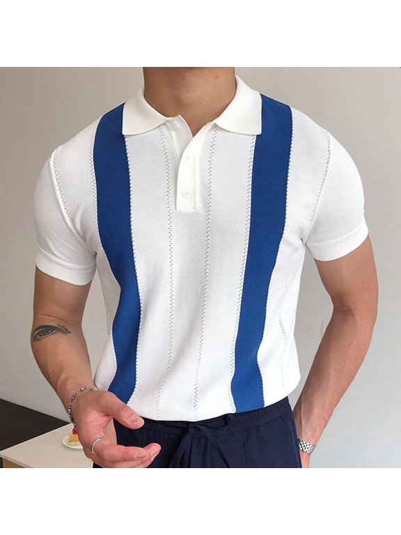 Mens Short Sleeve Lapel Shirt, Knit Colorblock Stitching Zipper Up T-Shirt Tops