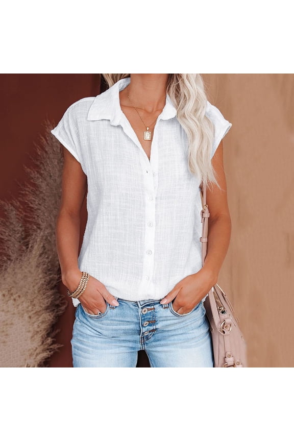 Shirts for Women Summer Casual Cotton Linen Short Sleeve T Shirt Loose Fit Button Down Lapel Solid Color Tees