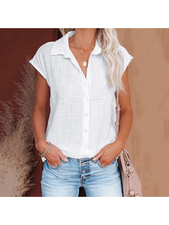 Shirts for Women Summer Casual Cotton Linen Short Sleeve T Shirt Loose Fit Button Down Lapel Solid Color Tees
