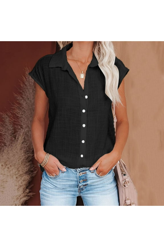 Shirts for Women Summer Casual Cotton Linen Short Sleeve T Shirt Loose Fit Button Down Lapel Solid Color Tees