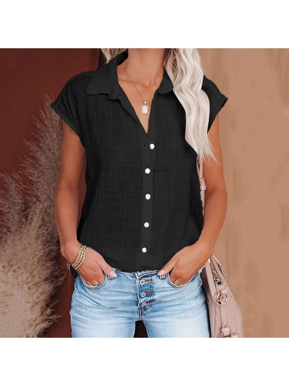 Shirts for Women Summer Casual Cotton Linen Short Sleeve T Shirt Loose Fit Button Down Lapel Solid Color Tees