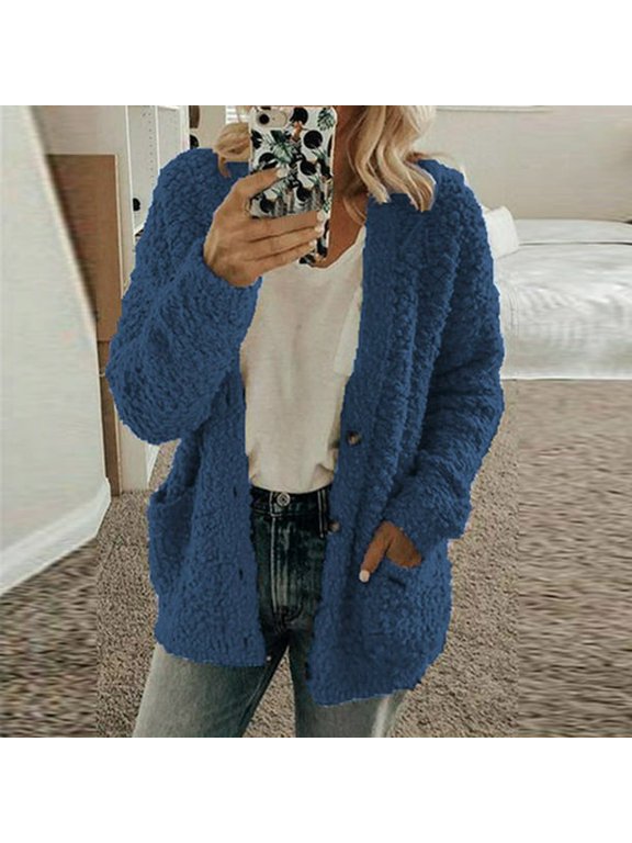 Women Casual Plus Size Plush Sweater Pockets Outerwear Buttons Cardigan Coat