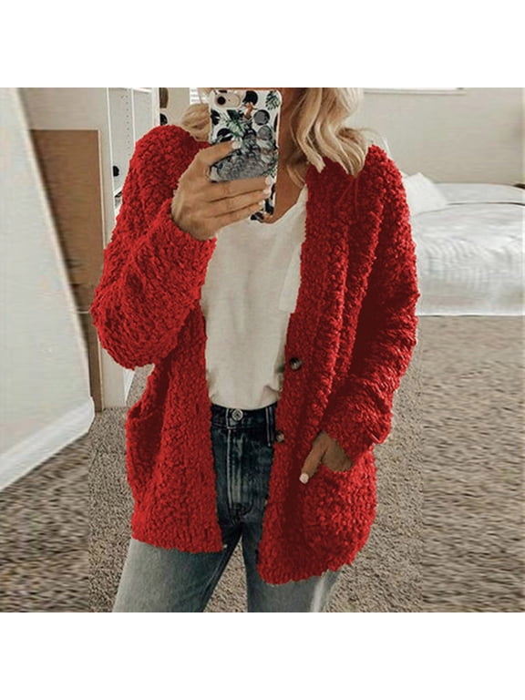 Women Casual Plus Size Plush Sweater Pockets Outerwear Buttons Cardigan Coat