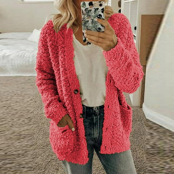 ATIXEL Women Casual Plus Size Plush Sweater Pockets Outerwear Buttons Cardigan Coat