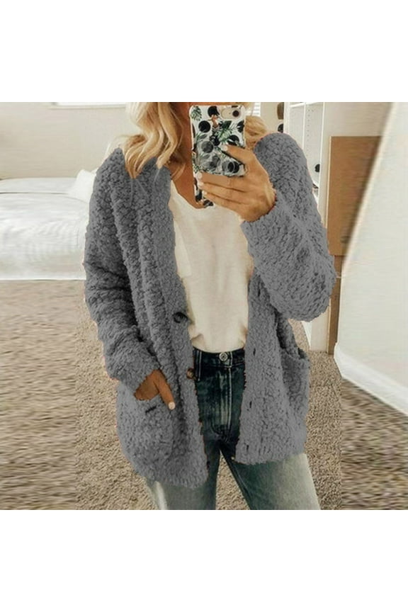 Women Casual Plus Size Plush Sweater Pockets Outerwear Buttons Cardigan Coat