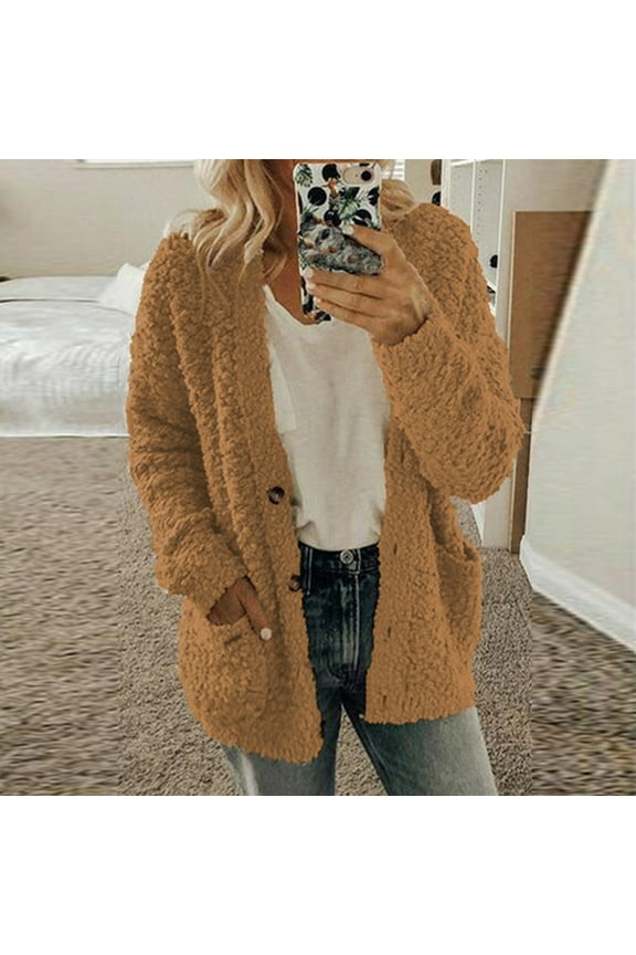 Women Casual Plus Size Plush Sweater Pockets Outerwear Buttons Cardigan Coat