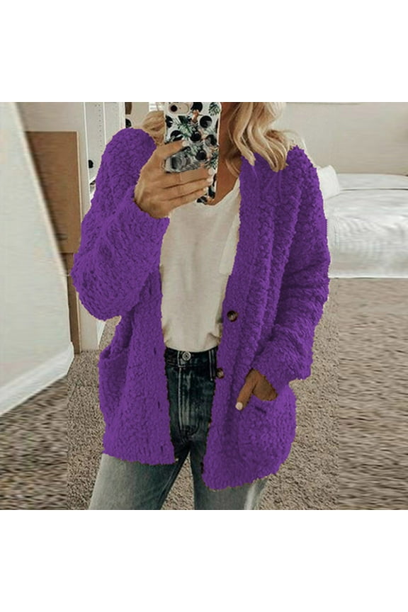 Women Casual Plus Size Plush Sweater Pockets Outerwear Buttons Cardigan Coat