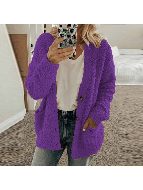 Women Casual Plus Size Plush Sweater Pockets Outerwear Buttons Cardigan Coat