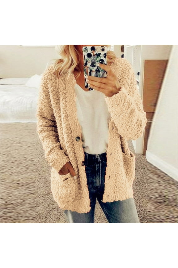 Women Casual Plus Size Plush Sweater Pockets Outerwear Buttons Cardigan Coat