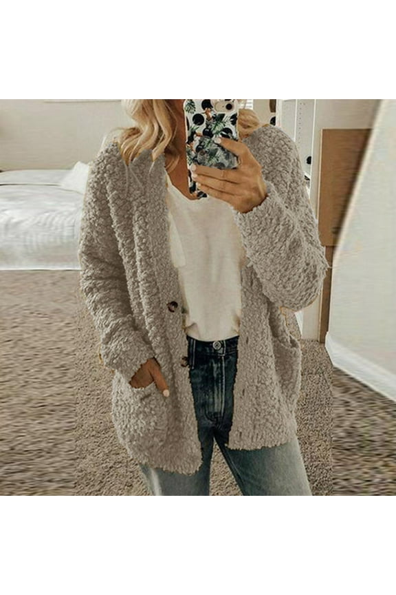 Women Casual Plus Size Plush Sweater Pockets Outerwear Buttons Cardigan Coat
