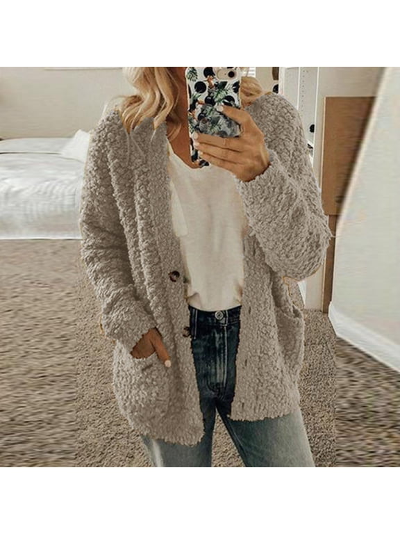 Women Casual Plus Size Plush Sweater Pockets Outerwear Buttons Cardigan Coat