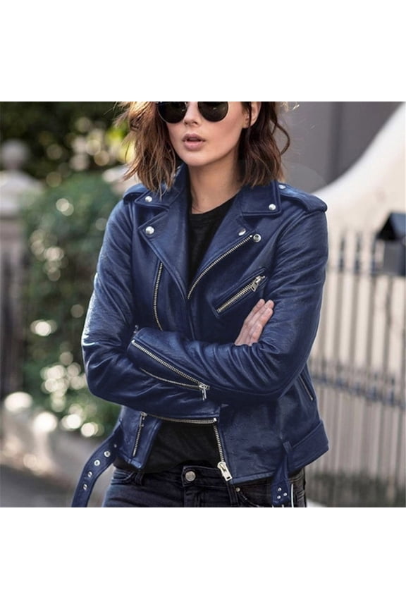 Women Cool Faux Leather Jacket Long Sleeve Zipper Fitted Coat Fall Short Jacket