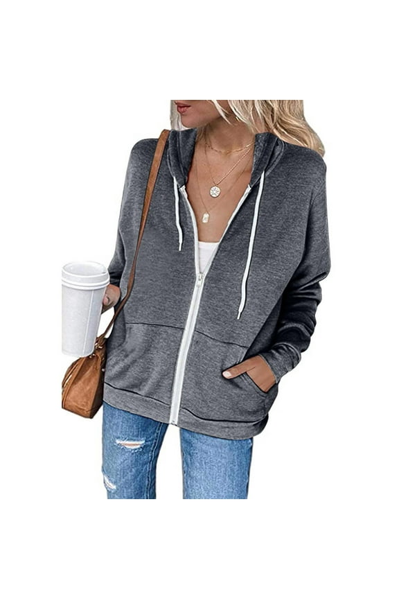 Women Hoodie Casual Zipper Long Hooded Coat Solid Coat Tops