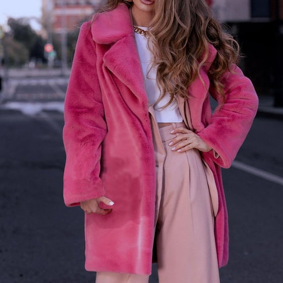 ATIXEL Women's Casual Coat Fashion Solid Color Faux Plush Warm Jacket Coat