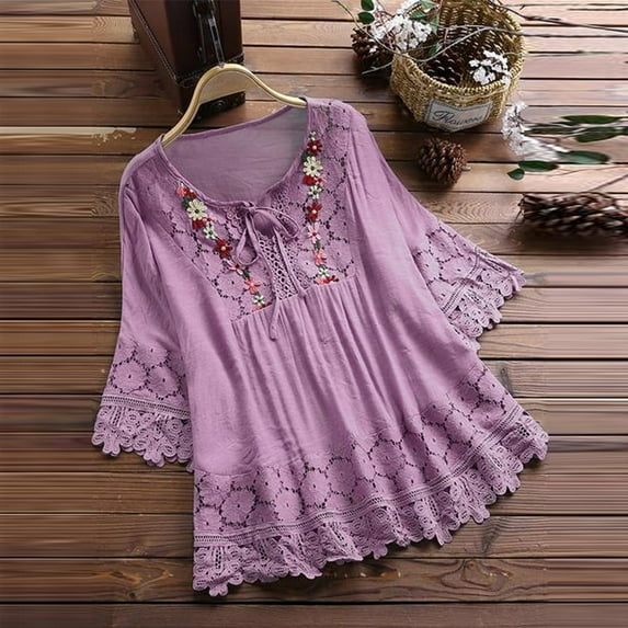 ATIXEL Womens Plus Size Blouses Tops T-Shirts Clearance, Women Vintage Lace Patchwork Bow V-Neck Three Quarter Blouses Top T-Shirt